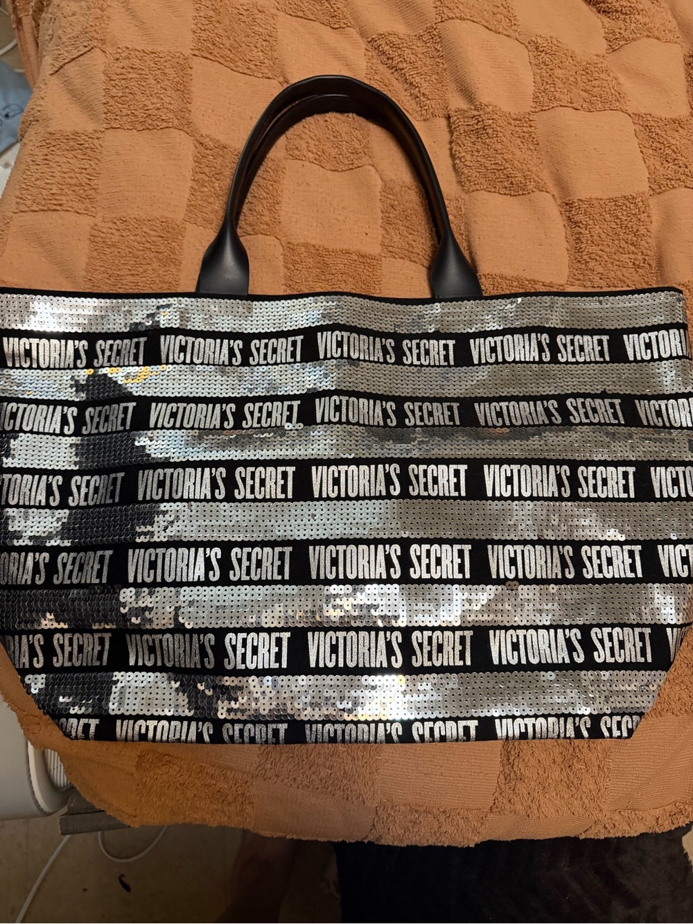 Victoria's Secret Black and Silver Sequin Logo Tote